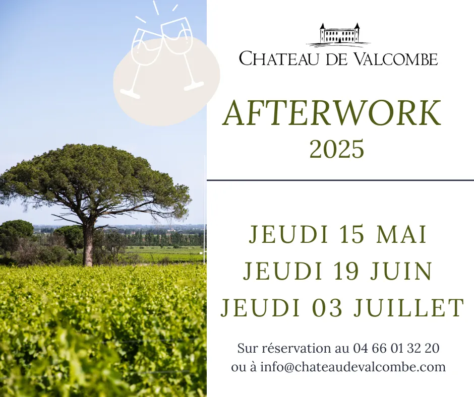 Affiche des Afterworks 2025 au Château de Valcombe, avec vue sur les vignes et calendrier des événements mensuels